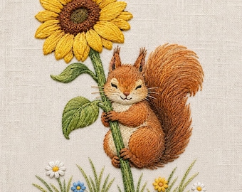 Könnte beinhalten: Eine Stickerei auf hellem Stoff, die ein braunes Eichhörnchen zeigt, das einen hohen grünen Sonnenblumenstängel hält. Die Sonnenblume hat gelbe Blütenblätter und eine dunkelbraune Mitte. Kleine weiße, blaue und gelbe Blumen wachsen im Gras.