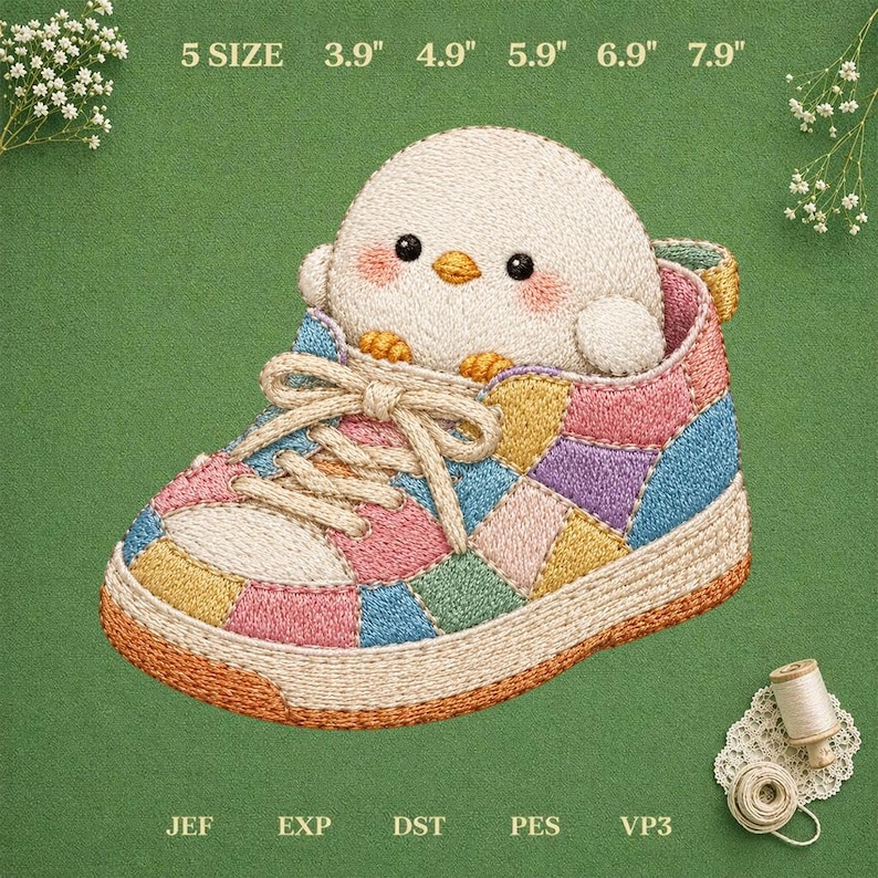 May include: An embroidered patch featuring a white chick with pink cheeks sitting inside a colourful patchwork sneaker. The design includes beige laces and a textured sole. Text above indicates 5 sizes: 3.9", 4.9", 5.9", 6.9", and 7.9". File formats JEF, EXP, DST, PES, and VP3 are listed below.