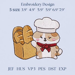 May include: An embroidery design featuring a cartoon cat chef with a red scarf, a chef's hat, and a loaf of bread. The design includes the text "Embroidery Design" and size measurements in inches. The design is in shades of brown, white, and red.
