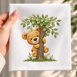 Bear Embroidery Design, Sweet Teddy Bear Behind Tree, Woodland Nursery Decor