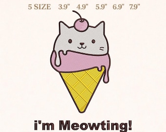 Diseño de bordado de gato maullando con helado, descarga instantánea, 5 tamaños.