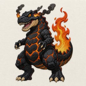 Godzilla Embroidery Design, Fire Monster, Burning Kaiju, Lava Reptile, Fantasy Art Digital Download