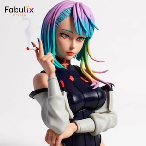May include: A bust of a female anime character with vibrant, multicolored hair and teal eyes, holding a lit cigarette. She wears a dark blue and white outfit with red accents. The Fabulix Studio logo is in the upper left corner.
