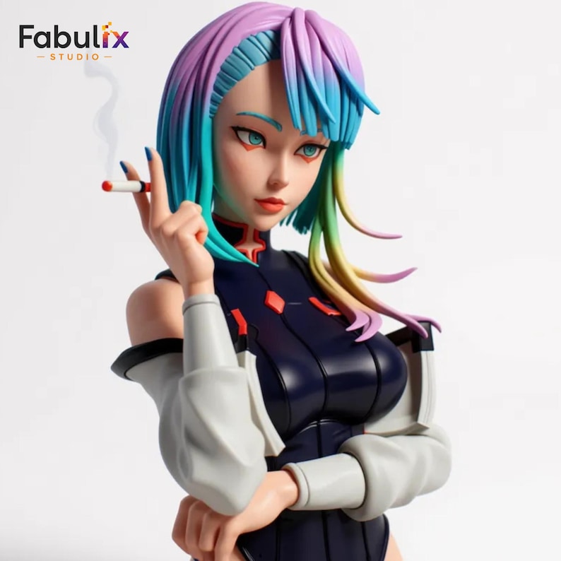 May include: A bust of a female anime character with vibrant, multicolored hair and teal eyes, holding a lit cigarette. She wears a dark blue and white outfit with red accents. The Fabulix Studio logo is in the upper left corner.