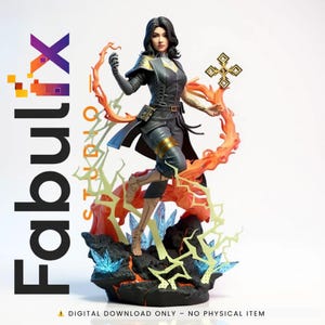 Könnte beinhalten: Digitales Kunstbild einer weiblichen Kriegerfigur in dunkler Rüstung mit goldenen Akzenten, in dynamischer Pose, umgeben von stilisierten Flammen und Blitzen. Der Text "Fabulx Studio" und "DIGITAL DOWNLOAD ONLY - NO PHYSICAL ITEM" sind ebenfalls zu sehen.