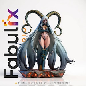 May include: A detailed figurine of a female character with long, flowing white hair and large, curved horns. The figure is dressed in a dark teal outfit and stands on a fiery, textured base. The image includes the text "Fabulx" and "DIGITAL DOWNLOAD ONLY - NO PHYSICAL ITEM."