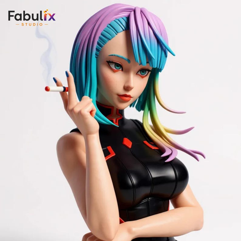 May include: A figurine of a woman with vibrant, multicolored hair, holding a lit cigarette. She wears a black outfit with red accents. The figurine has a detailed face with red eye makeup and red lipstick. The Fabulix Studio logo is in the top left corner.