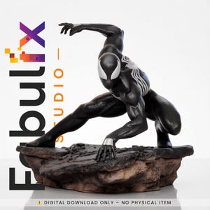 May include: A black Spider-Man statue in a dynamic pose, with white accents on the eyes, chest, and wrists. The figure is posed on a rocky base. The image includes the text "Fabulx Studio".