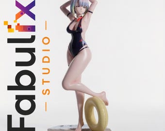 May include: A standing anime-style character figurine with short, multi-colored hair wearing a black one-piece swimsuit and a red neck accessory. The figure rests one foot on a yellow inner tube. Text reads Fabulix STUDIO and DIGITAL DOWNLOAD ONLY.