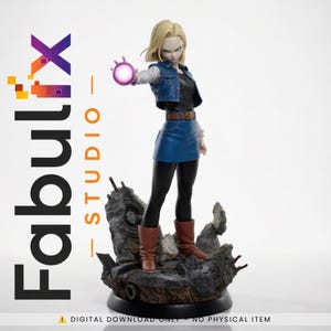 May include: A collectible figurine of a blonde character wearing a blue denim vest, black shirt, blue skirt, and brown boots, standing on a rocky base. The character holds a glowing purple energy sphere in one hand. Text reads FabuLfix STUDIO.