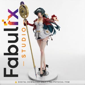 May include: A collectible anime-style figurine of a character with long dark teal hair, wearing a white corset top, red jacket, and black heels. The character holds a tall gold staff with a circular top and stands on a circular base.