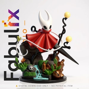 Puede incluir: Figura detallada de un personaje con cabeza blanca, capa roja y arma negra. La base presenta un paisaje en miniatura con una cascada, vegetación y una pequeña criatura. El texto "Fabulix" es visible en el lado izquierdo.