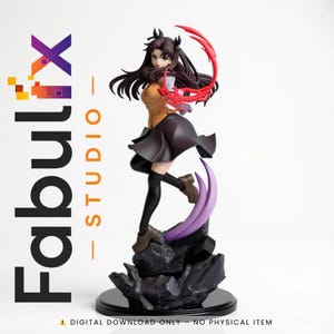 May include: A detailed figurine of a female anime character with long dark hair, wearing a brown and black outfit, and holding a red energy arc. The figure stands on a black base with a purple crescent and black rock formations. The Fabulx Studio logo is visible.