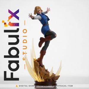 May include: A collectible figurine of a blonde character in a blue vest, white long-sleeve shirt, and blue skirt, wearing brown boots and black leggings. The figure stands on a rocky base with translucent yellow energy effects. Text reads FabulFix STUDIO.