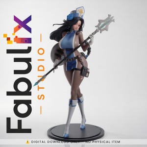Könnte beinhalten: Eine digitale 3D-Charakterfigur mit dunkler Haut und langem schwarzem Haar, bekleidet mit einem blau-weißen Outfit und passender Kopfbedeckung, die einen langen Stab mit silbernem Kopf hält. Der Text Fabulix Studio ist auf der linken Seite zu sehen.