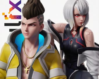 May include: Two anime-style character figurines. The male figure has brown hair, a yellow jacket, and a gold cross necklace. The female figure has white hair and a black and white outfit. Text in the corner reads "LFX" and "DIGITAL DOWNLOAD ONLY - NO PHYSICAL ITEM".