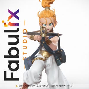 May include: A figurine of a female character with blonde hair, wearing white pants, a gold and blue top, and a crossbow. The character is in a dynamic pose, aiming the crossbow. The image includes the text "Fabulix Studio".