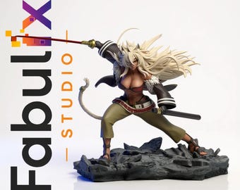 May include: A detailed figurine of a female warrior with long blonde hair, clad in brown and olive-green attire, wielding a spear and a sword. The figure stands on a rocky base. The Fabulx Studio logo is visible.