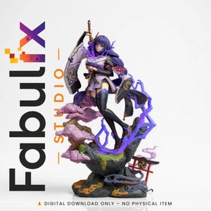 May include: A detailed figurine of a character in a flowing purple and white outfit, holding a sword. The figure stands on a rocky base with a miniature tree and a small red gate. The text "Fabulx Studio" is visible.