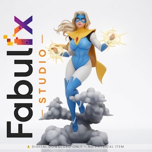 May include: A superheroine figurine with a blue and white bodysuit, yellow cape, and blonde hair, standing on a cloud base. The figure is holding two glowing energy orbs. The Fabulx Studio logo is visible on the left side.