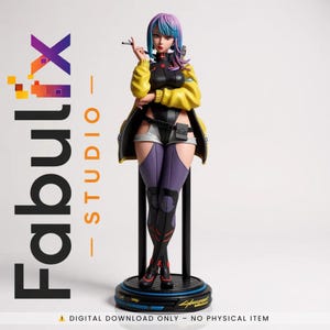 Lucy from Cyberpunk Edgerunners standing pose STL file for resin 3D printing with futuristic anime outfit and detailed collectible statue design