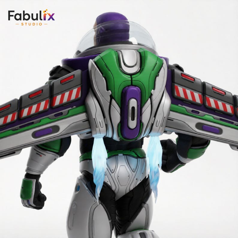 May include: A detailed action figure of Buzz Lightyear from Toy Story, viewed from the back. The figure features a green, purple, and silver spacesuit with wings and jetpack. The jetpack emits blue flames. The figure has a clear helmet and the Fabulix Studio logo is in the top left.