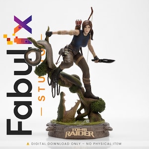 May include: A detailed statue of Lara Croft from Tomb Raider, posed dynamically on a tree branch with a snake and crocodile. She wears a blue top, brown pants, and holds a bow and knife. The base reads "Tomb Raider".