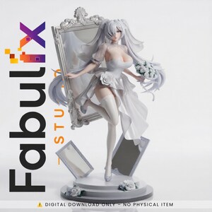 Könnte beinhalten: Eine weiße Anime-Figur mit langem Haar, die ein trägerloses Kleid, einen Schleier und halterlose Strümpfe trägt und einen Strauß weißer Rosen hält. Die Figur steht auf einem runden Sockel mit Rosen vor einem großen, verzierten Spiegel.
