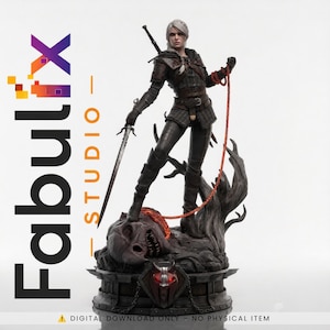 May include: A detailed figurine of a silver-haired warrior in dark leather armor, holding a sword and a red rope. The figure stands atop a large, dark, toothy creature head on a circular base. Text on the side reads FabulFix STUDIO.