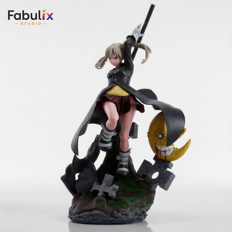 Full body render of Maka Albarn fan art statue designed for resin 3D printing featuring dynamic combat pose, oversized scythe, gothic display base, and premium anime collectible presentation.