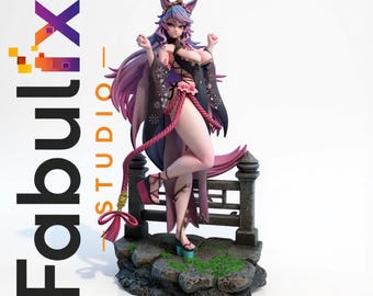 Könnte beinhalten: Detaillierte Figur eines weiblichen Anime-Charakters mit lila und blauem Haar, der ein schwarzes und rosa Outfit trägt. Die Figur posiert auf einem Steinsockel mit einer kleinen Brücke, mit dem Text "Fabulx Studio" und "DIGITAL DOWNLOAD ONLY - NO PHYSICAL ITEM".