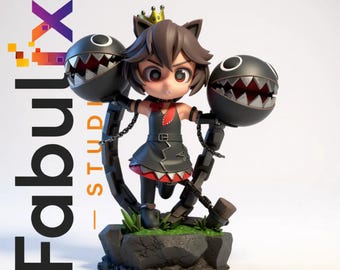 May include: A figurine of a character with cat ears, a crown, and a black dress, holding two black, spiked balls. The figurine is on a rocky base with green grass. The text "Fabulx Studio" and "DIGITAL DOWNLOAD ONLY - NO PHYSICAL ITEM" are visible.