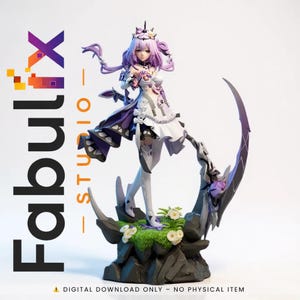 May include: A detailed figurine of a female anime character with purple hair and a white and purple dress. The figure is standing on a rocky base with flowers and a crescent-shaped weapon. The Fabulx Studio logo is visible.
