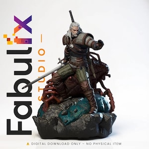 Pode incluir: Estátua detalhada de um personagem da série The Witcher, segurando uma espada, em cima de um monstro. A figura tem cabelos longos e brancos e está vestida com uma armadura. A base é um terreno rochoso com detalhes azuis e marrons. O logotipo Fabulix Studio é visível.