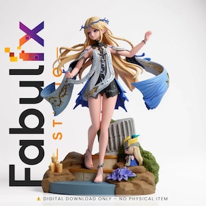 Puede incluir: Figura detallada de un personaje femenino con pelo largo y rubio, vestida con un vestido blanco, negro y azul. La figura está sobre una base de piedra con una pequeña figura y flores. El texto "Fabulx" es visible.