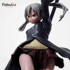 Close up view of Maka Albarn STL model showcasing facial details, twin tail hairstyle, detailed outfit sculpt, massive scythe weapon, and highly detailed anime character design.