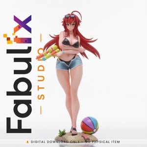 May include: A figurine of a woman with long red hair, wearing a black bikini top, denim shorts, and sunglasses. She holds two water guns and stands on a small beach with a colorful beach ball. The Fabulix Studio logo is visible.