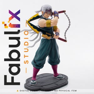 May include: A detailed figurine of a character from the anime series, "Demon Slayer." The figure is posed with dual swords and a chain. The character wears a dark teal outfit with gold accents and pink leg warmers. The figure stands on a dark gray base.
