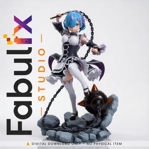May include: A blue-haired anime character figurine wearing a black and white maid-style outfit with ruffled details. The character holds a black chain weapon connected to a large spiked ball resting on a gray rocky base. Text reads FabulFix STUDIO.