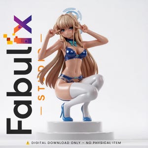 May include: A blonde anime-style figurine crouching on a white circular base, wearing a glossy blue bikini top, matching blue bottoms with thin straps, and white thigh-high stockings with blue high heels. The figure has a blue bow at the neck.