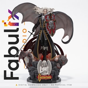 May include: A detailed figurine of a character from Castlevania, with a long black coat and gold trim, a shield, and a sword. The figure has large bat-like wings and stands on a base with other figures. The base has the text "Castlevania".