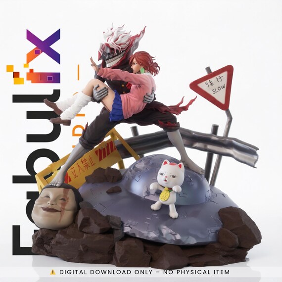 Anime Duo Girl & Masked Spirit STL File 240mm – Dynamic Action Female Figure 3D Print Model – Fantasy Resin STL Download