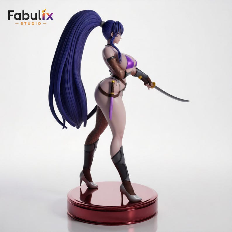 May include: A detailed figurine of a female anime character with long purple hair in a high ponytail. She wears a purple bikini top, brown arm guards, and high-heeled boots. The figure holds a katana and stands on a red circular base.