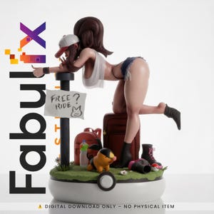 May include: A figurine of a woman hitchhiking, leaning on a sign that says "Free Ride?". The figure is wearing a white top, denim shorts, and a baseball cap. A brown suitcase, backpack, and a small dog figurine are nearby.