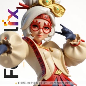 May include: A digital illustration of a female character with white hair, red glasses, and a cream-colored outfit with red accents. The character is wearing a gold headpiece and a red headband. The image has the text "FLIX" and "DIGITAL DOWNLOAD ONLY - NO PHYSICAL ITEM".