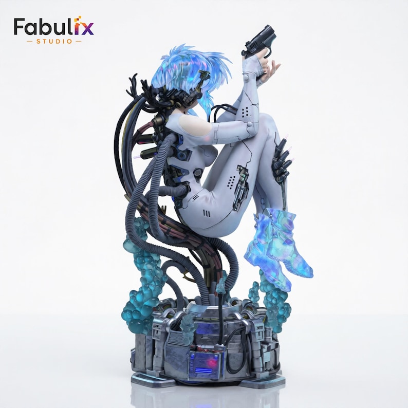 May include: A detailed sci-fi figurine featuring a character with iridescent blue hair and a white bodysuit, holding a black handgun. The figure is connected to a complex base with dark cables and translucent blue elements, set on a mechanical platform.