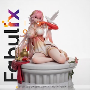 May include: A pink-haired anime-style figurine sits on a white circular pedestal. The figure wears a white and orange dress with gold accents, has a white dove on one shoulder, and is positioned next to a small table with fruit and candles.