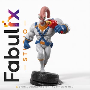 Può includere: Action figure bianca e blu di un personaggio muscoloso con testa a forma di verme, che tiene in mano un'arma rossa e gialla. La figura è in piedi su una pila di pneumatici. Il logo Fabulx Studio è a sinistra.
