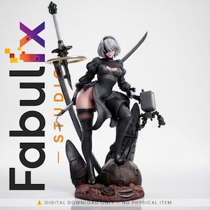 May include: A 3D character figurine of a silver-haired individual wearing a black dress, blindfold, and thigh-high boots. The figure holds a long sword and stands on a rocky base with a small robotic companion. Text reads Fabulix Studio.