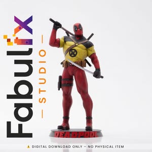 May include: A Deadpool action figure, predominantly red and yellow, with black detailing. The figure is posed with two swords and batons. The base reads "DEADPOOL". The image also includes the text "Fabulix Studio".